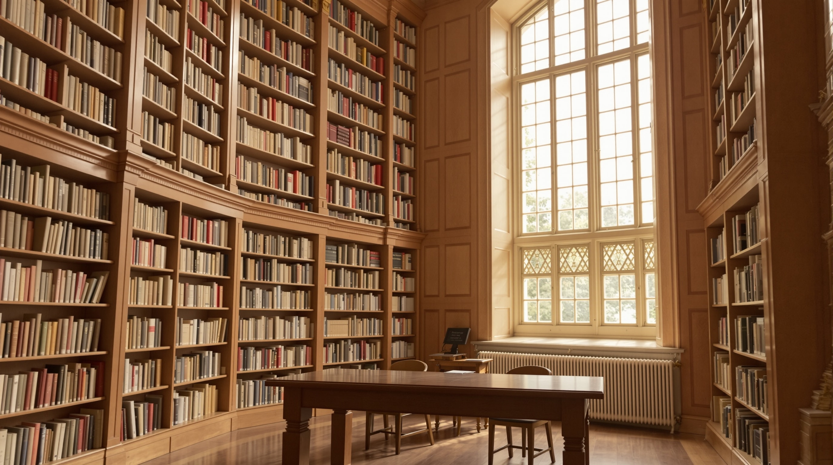 A library reference section with shelves and a reading table