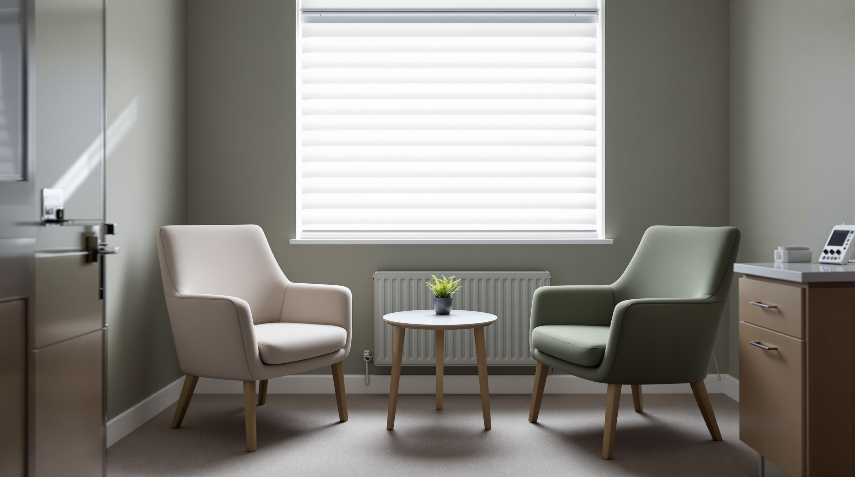 A calm consulting room set up for conversation